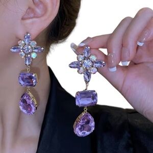 PURPLE Lavender Iridescent Crystal Rhinestone Drop  Pierced Earrings